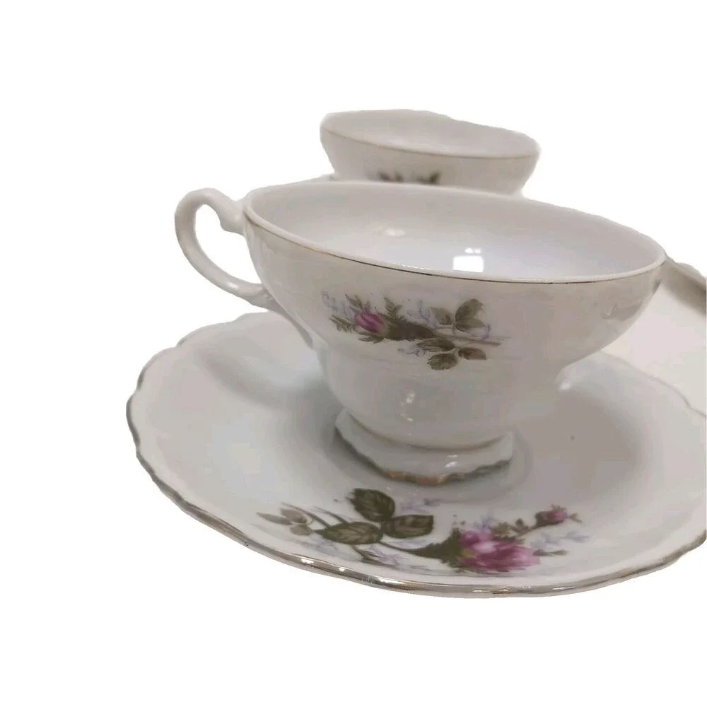 Japan Moss Rose 4 Tea Cup SET with Saucers Made In Handpainted Porcelain VINTAGE